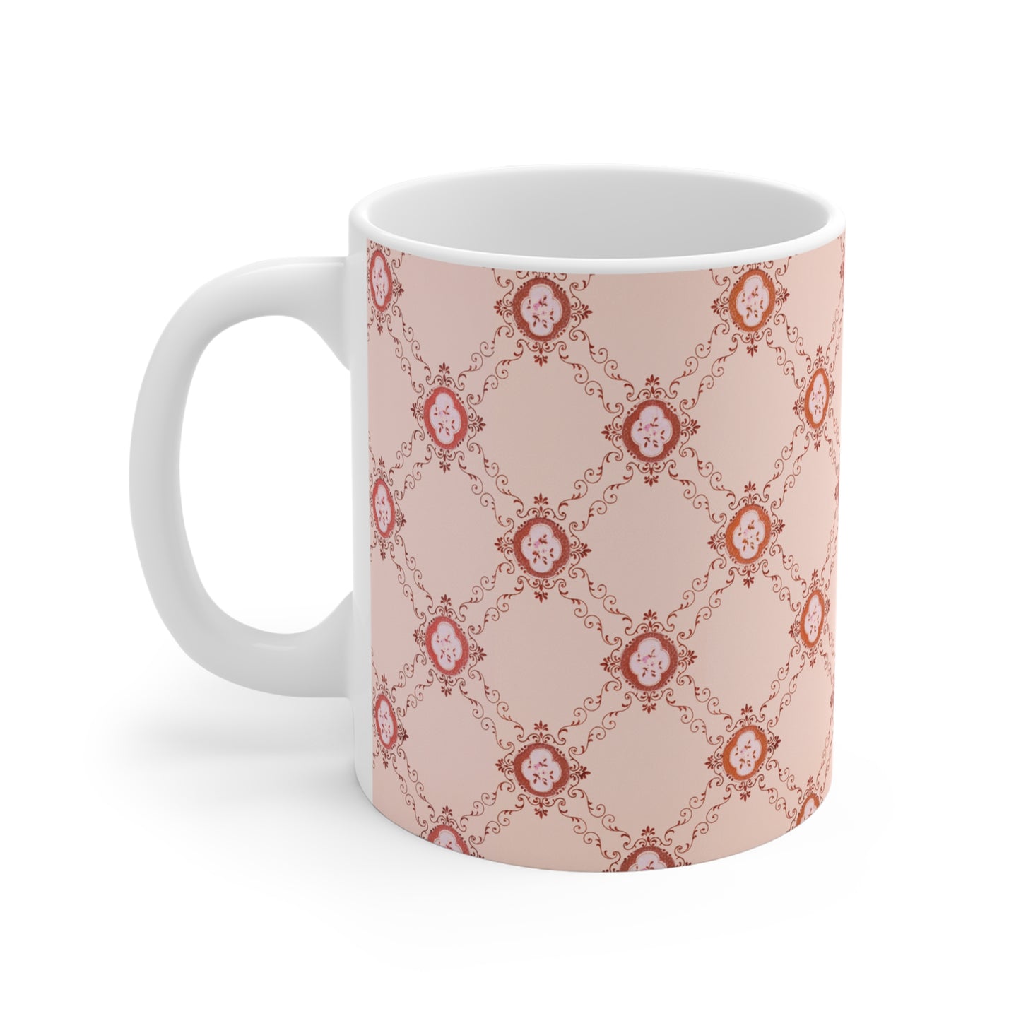 Rosa Keramik-Kaffeebecher mit viktorianischem Blumenmuster