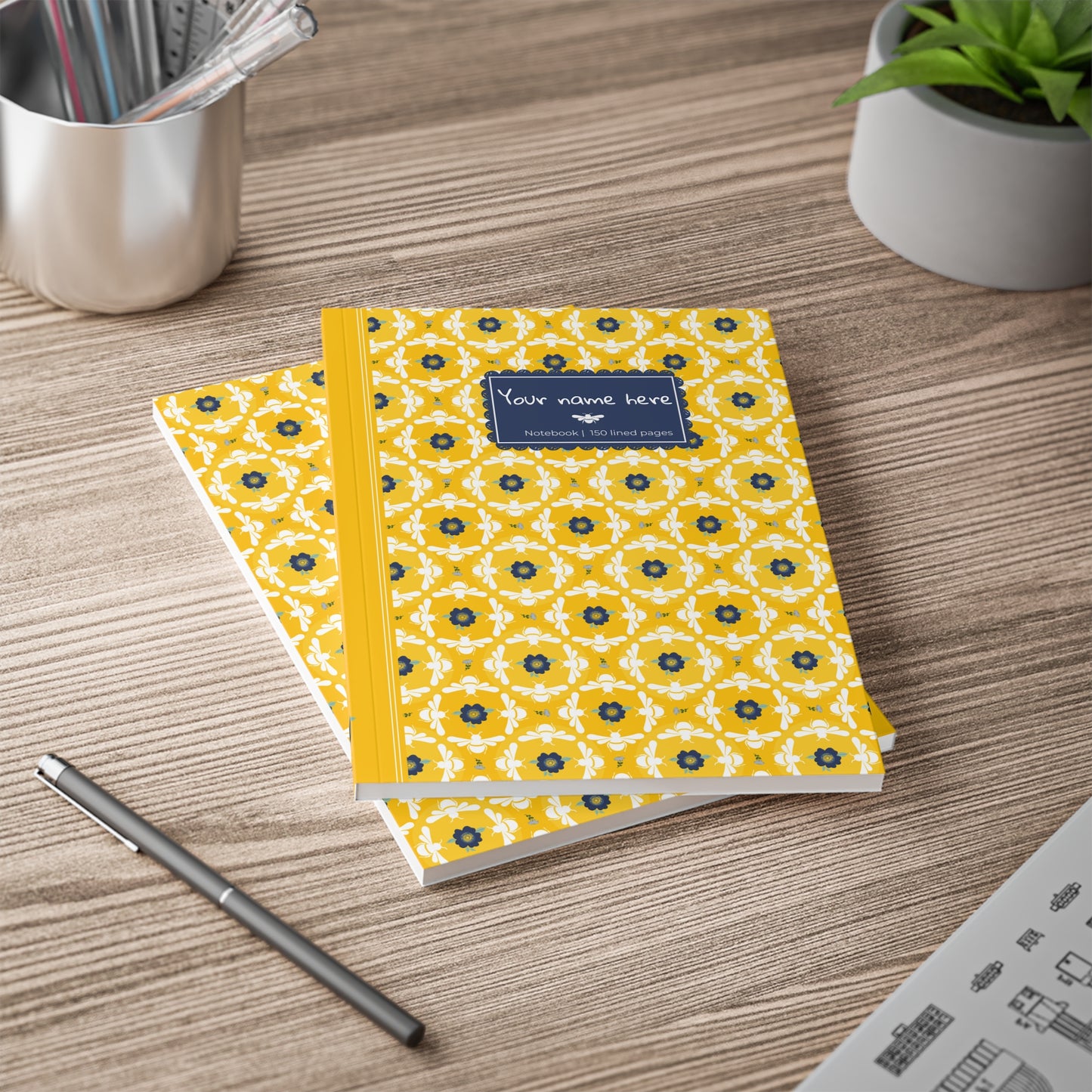 Softcover Notebook A5 White Bees & Floral Pattern — PERSONALIZED Decorative Journal