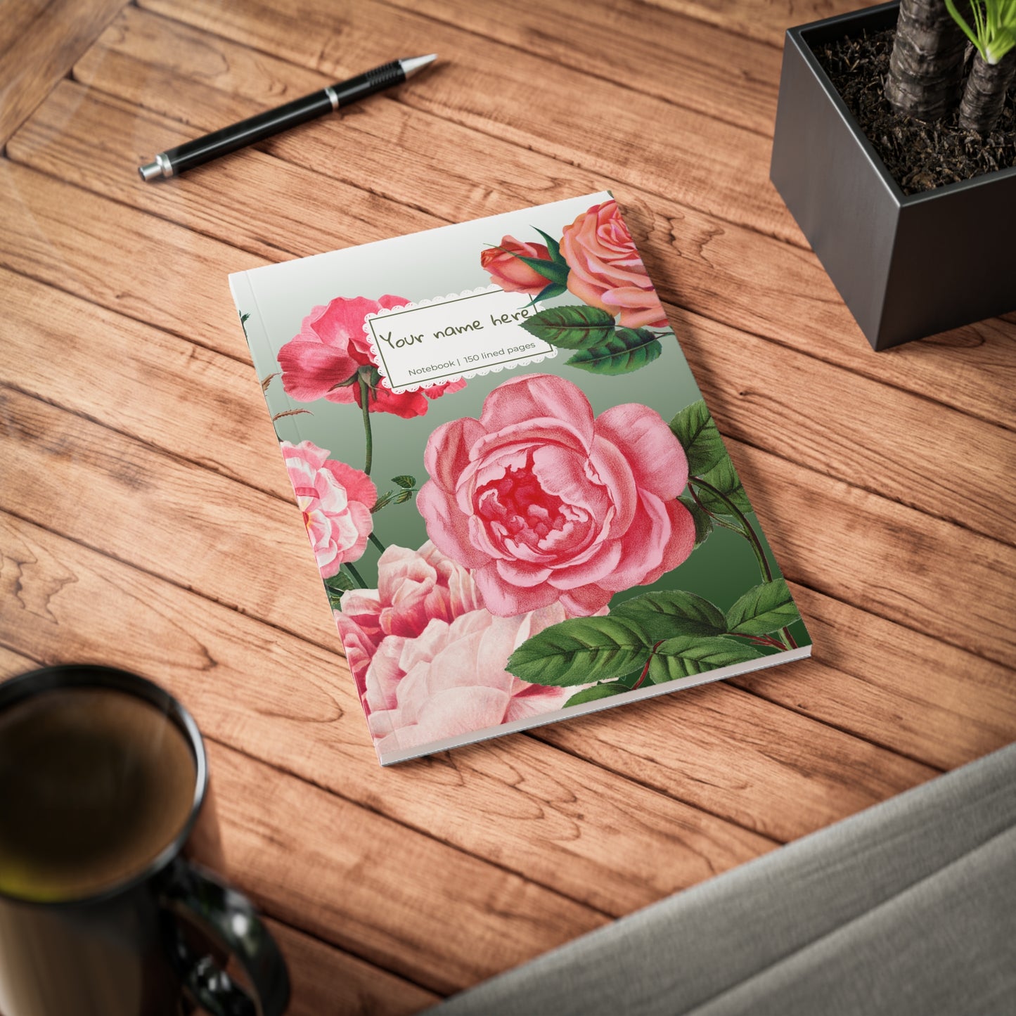 Vintage Rose Garden Notebook A5 Green – Personalized Softcover Journal