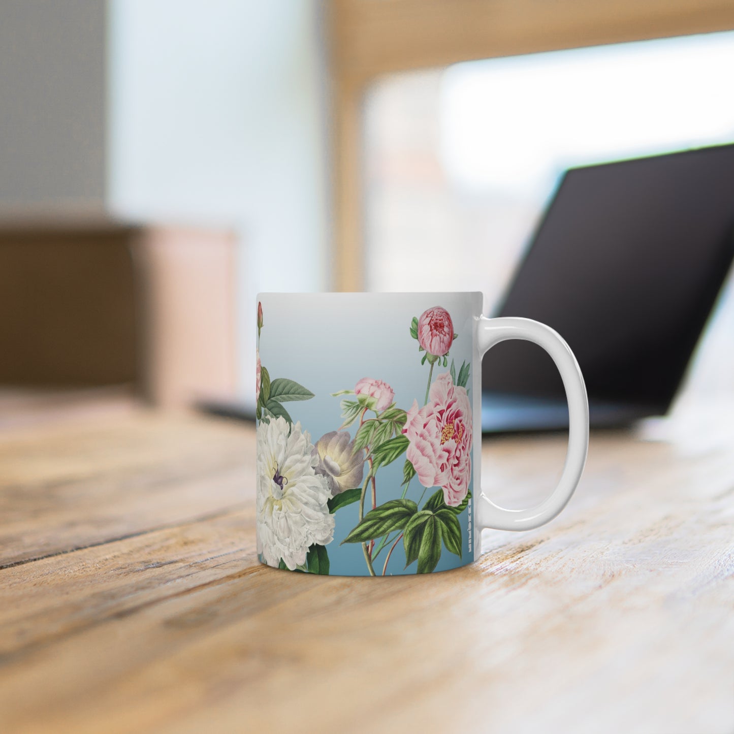 Vintage Peony Floral Blue Ceramic Coffee Mug