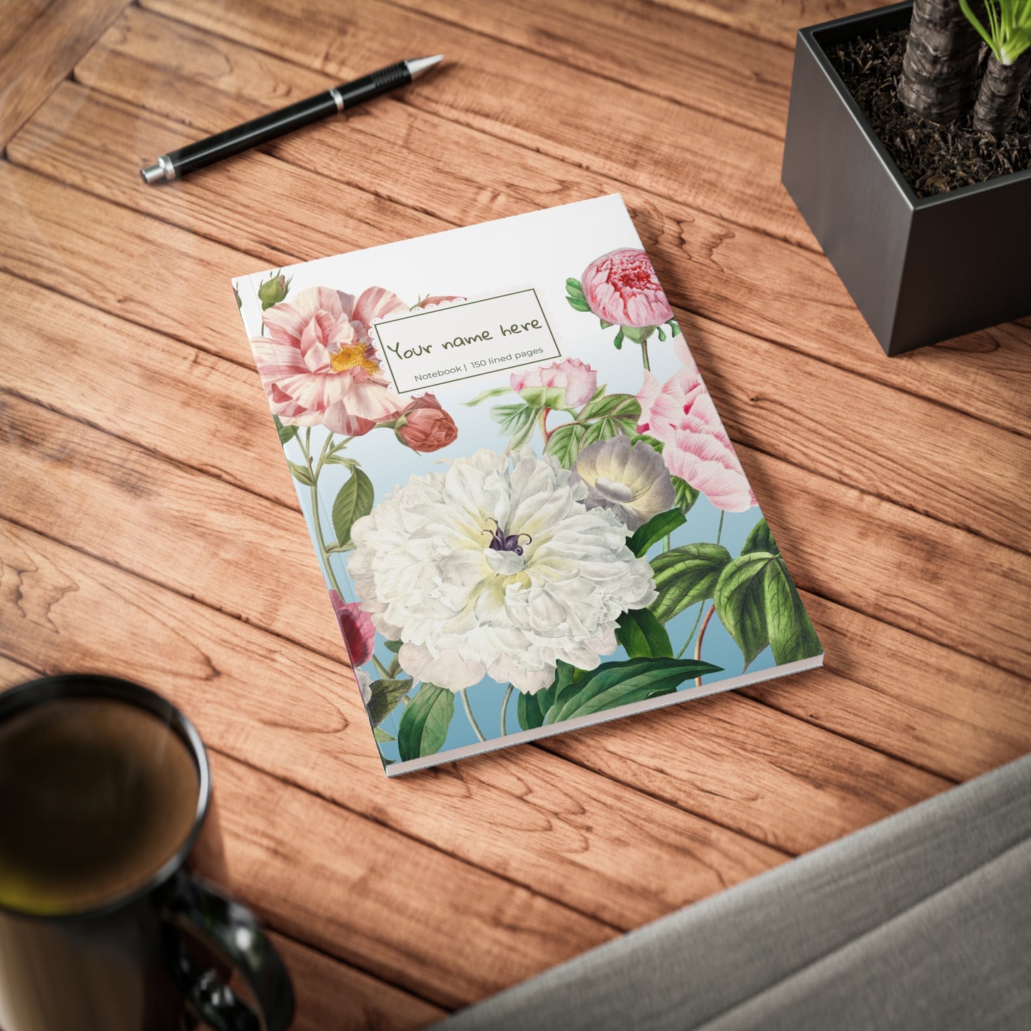 Floral Peony A5 Softcover Notebook — Personalized 'Your name here' Journal, Vintage Botanical Design