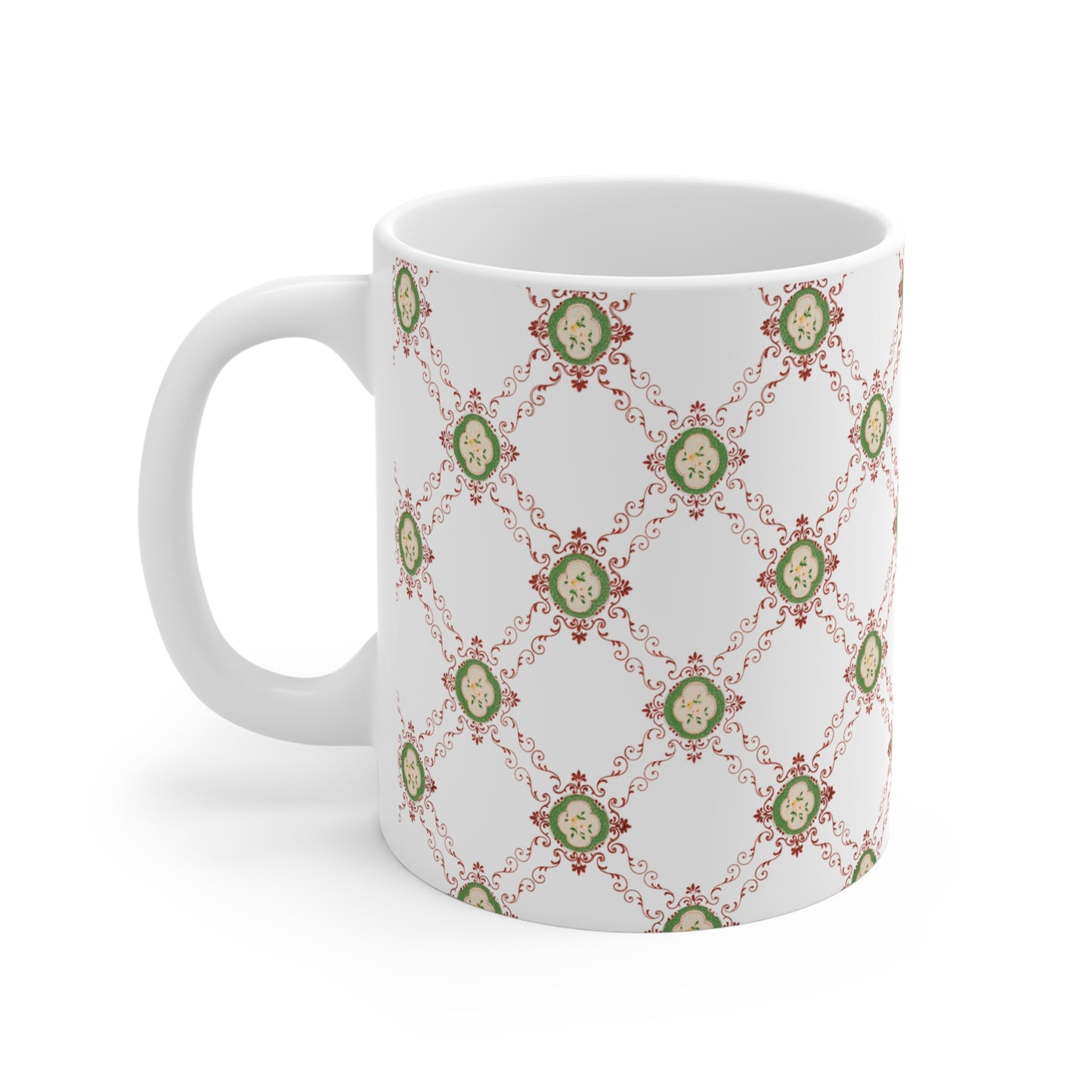Kaffeetasse aus Keramik mit viktorianischem Blumenmuster in Rosa und Grün (Weiß).