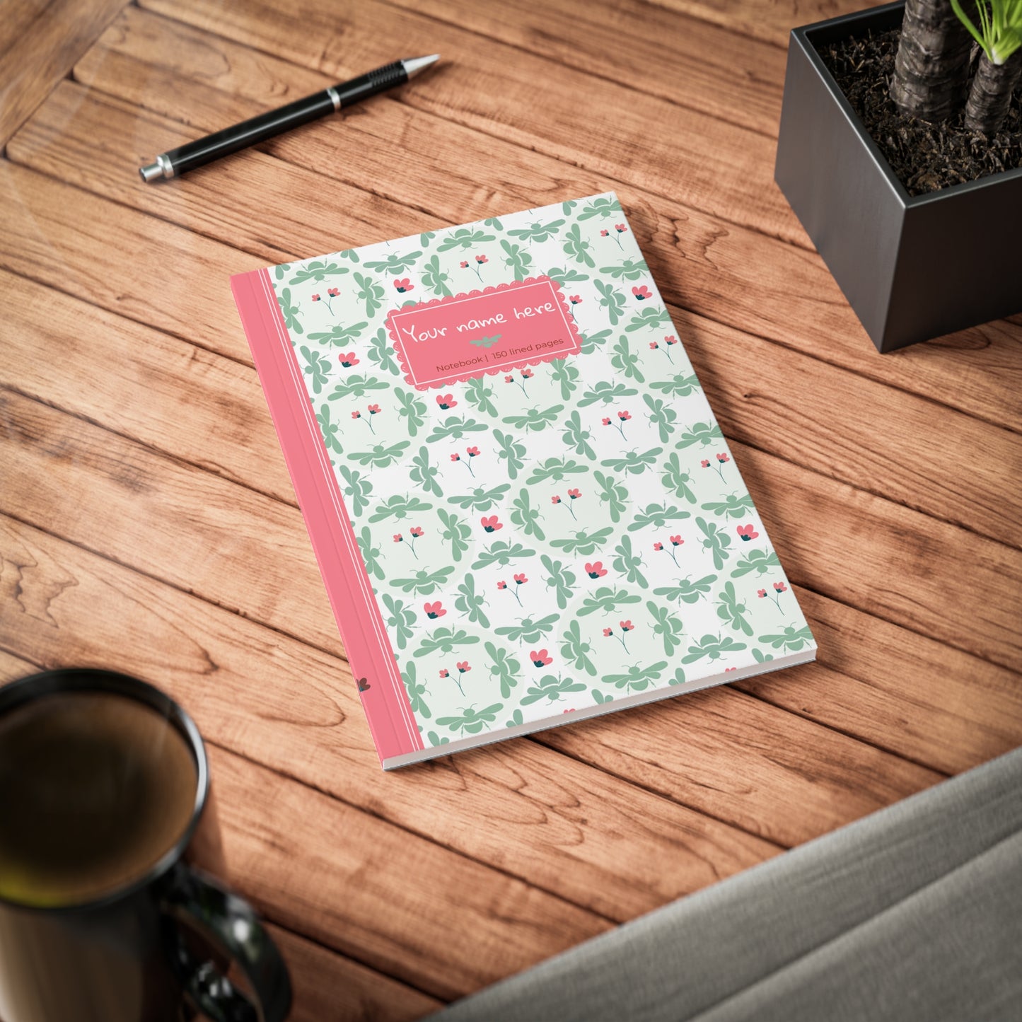Softcover Notebook A5 Green Bees & Little Pink Flowers — PERSONALIZED Decorative Journal