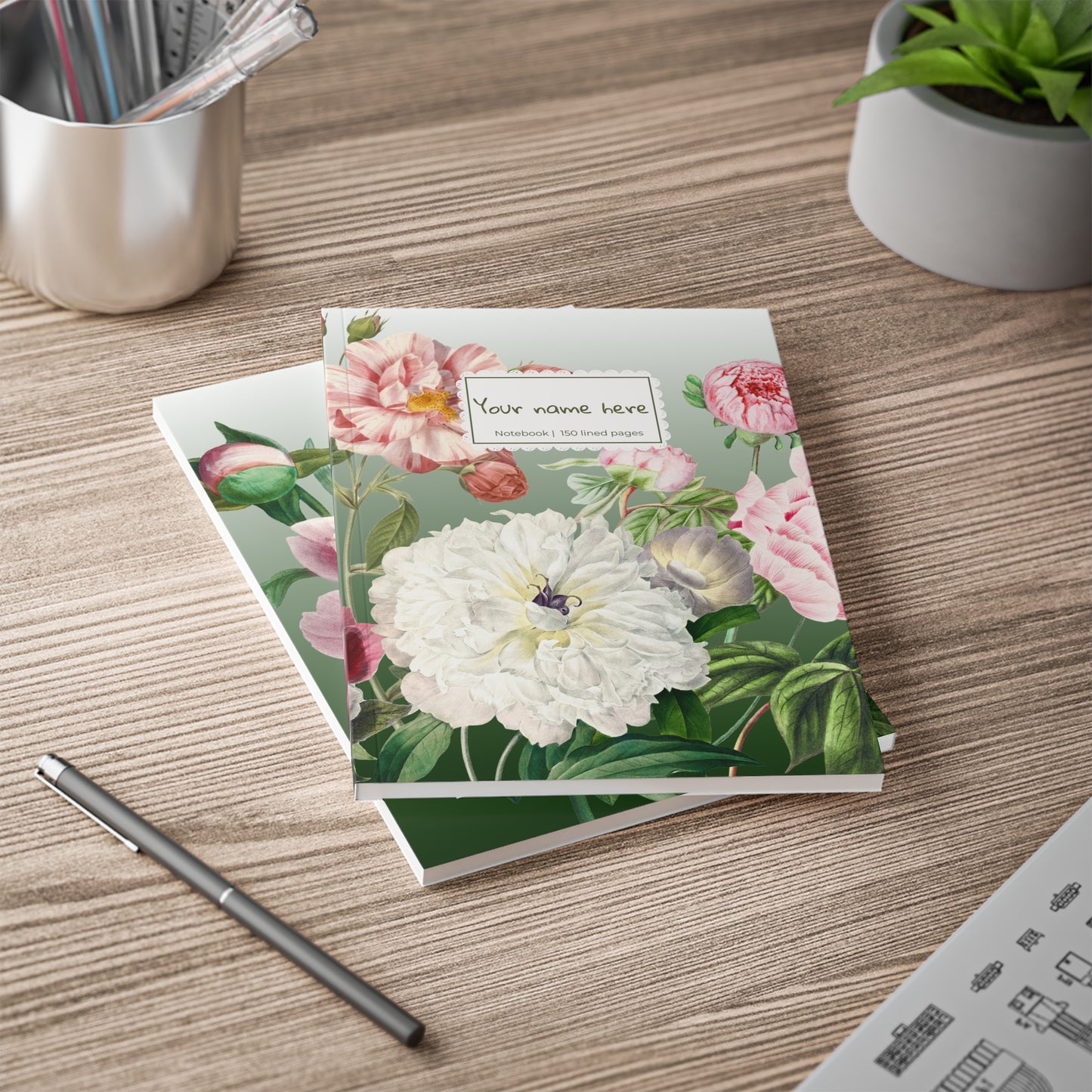 Floral Peony Green A5 Softcover Notebook — Personalized 'Your name here' Journal, Vintage Botanical Design