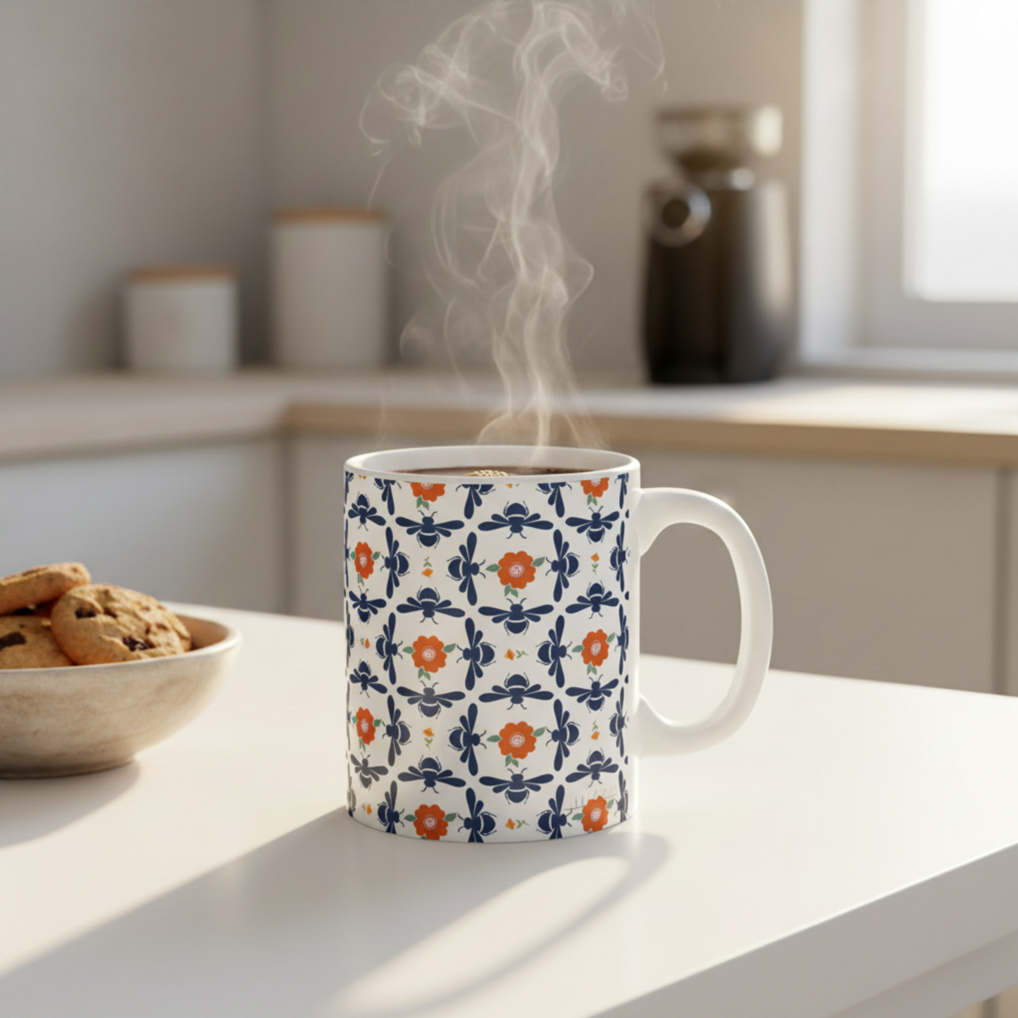 Geometrical Floral and Bees Ceramic Mug in Blue and Orange
