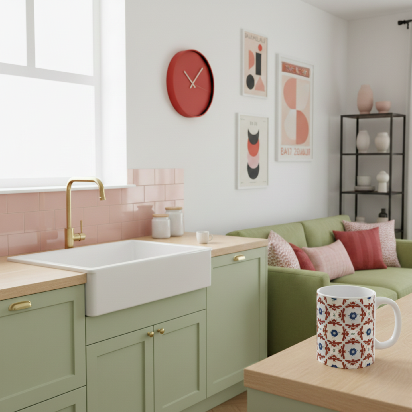 Keramiktasse mit geometrischen Blumen und Bienen in Dunkelrotbraun und Blau