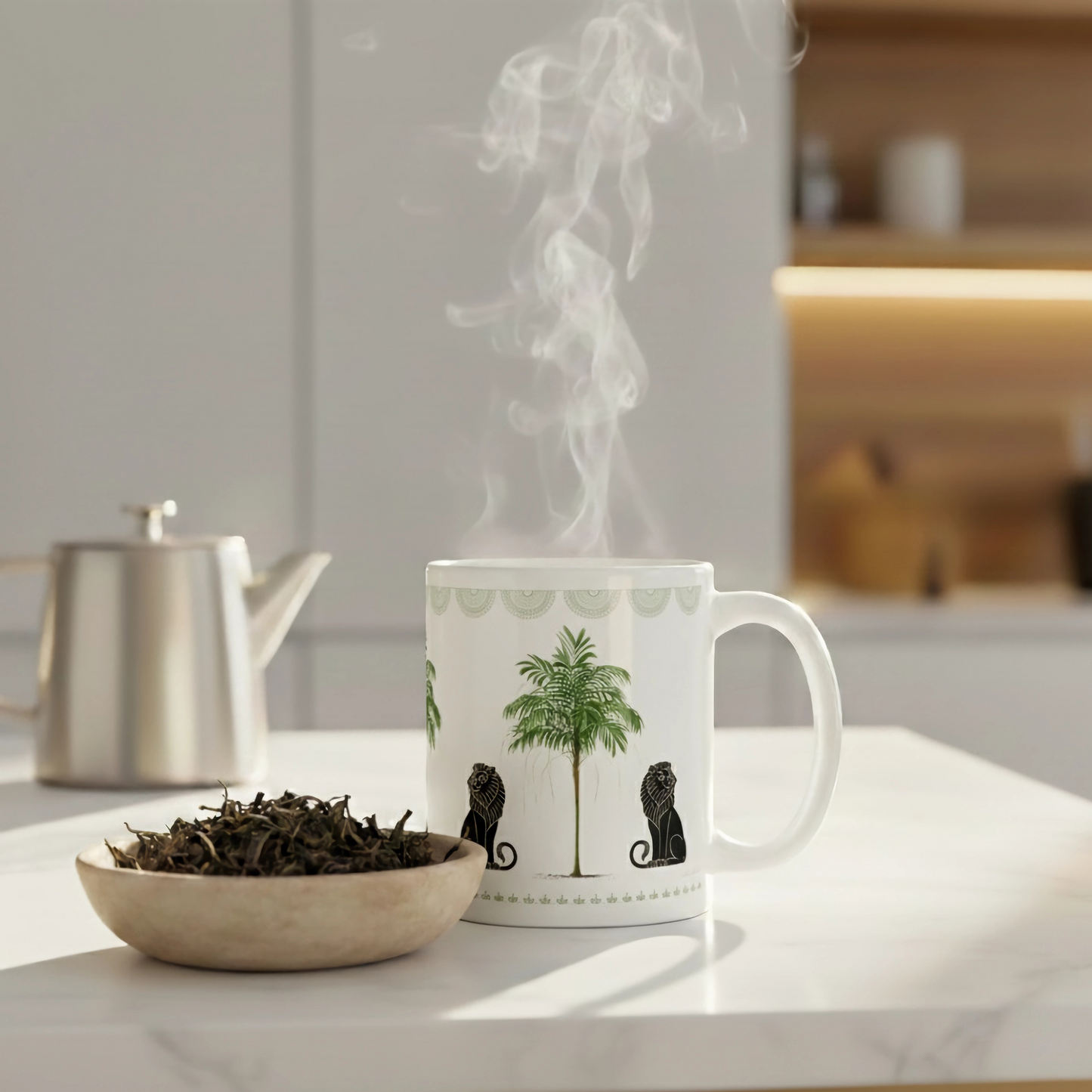 11oz Coffee Mug with Palm Tree and Lions on Kitchen Table