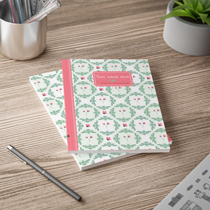Softcover Notebook A5 Green Bees & Little Pink Flowers — PERSONALIZED Decorative Journal