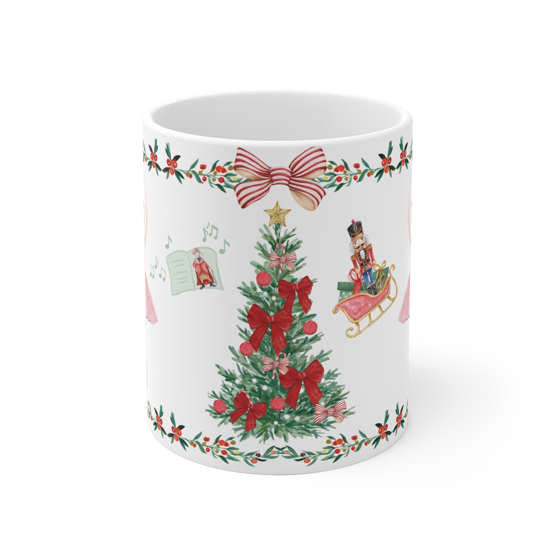 Dark red Christmas mug with ballerina, tree with pink bows, sleigh, and songbook