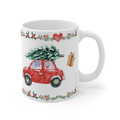 Mug à café de Noël « Conduire à la maison pour Noël » (blanche)