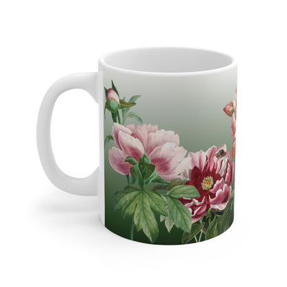 Vintage Peony Floral Green Ceramic Coffee Mug