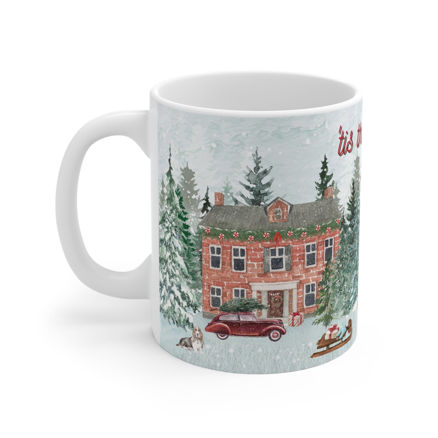 Christmas ceramic mug with large handle for coffee or tea Handle Left