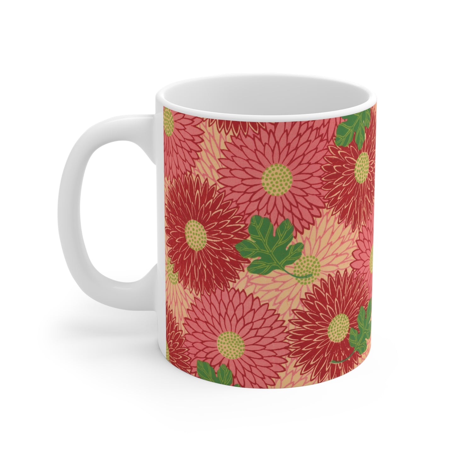 11oz Coffee mug with a floral pattern featuring red and pink Chrysanthemums and green leaves