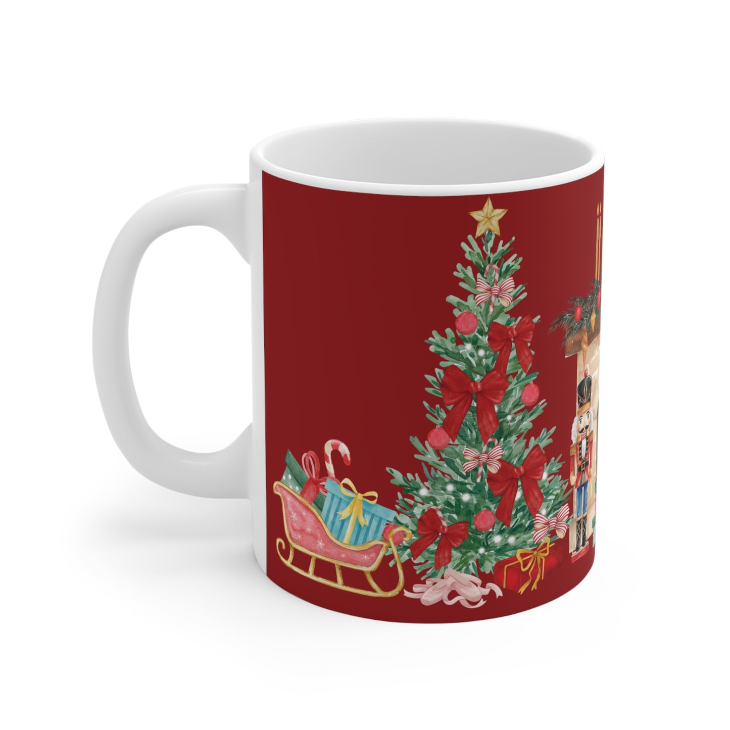 Christmas-themed mug with a tree, presents, and sleigh on a red background
