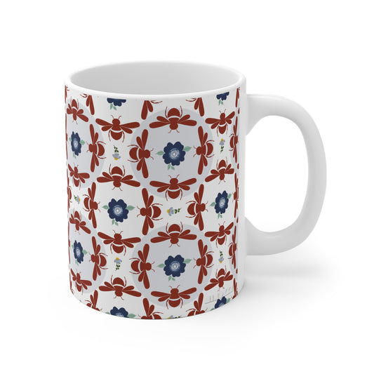 Geometrical Floral and Bees Ceramic Mug in Dark-Reddish Brown and Blue