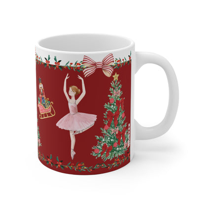 Festive ceramic coffee cup featuring Nutcracker ballet theme and holiday decorations