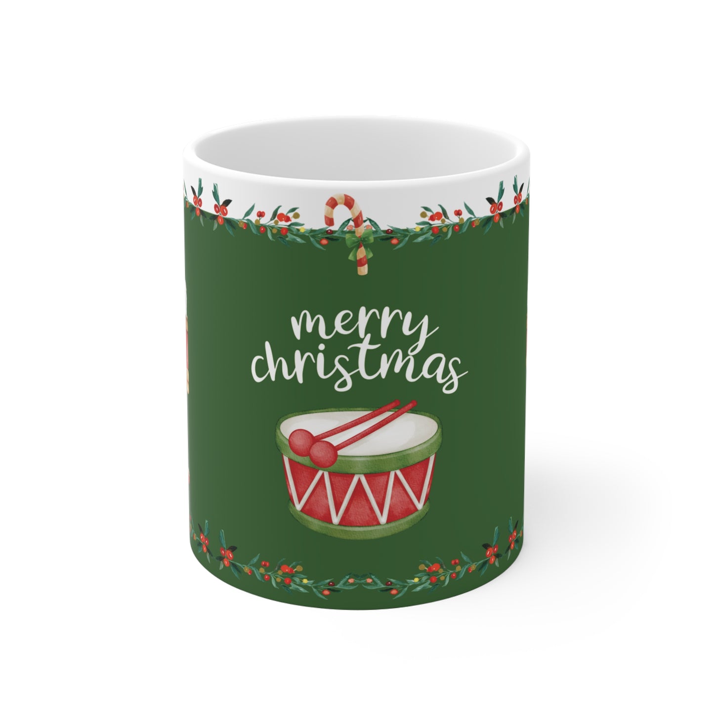 Green Holiday Coffee mug with 'merry christmas' text and drum design