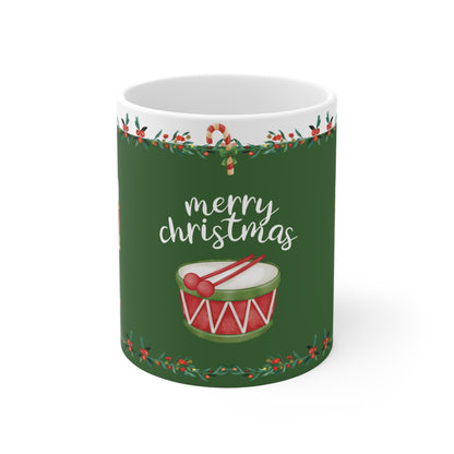 Green Holiday Coffee mug with 'merry christmas' text and drum design
