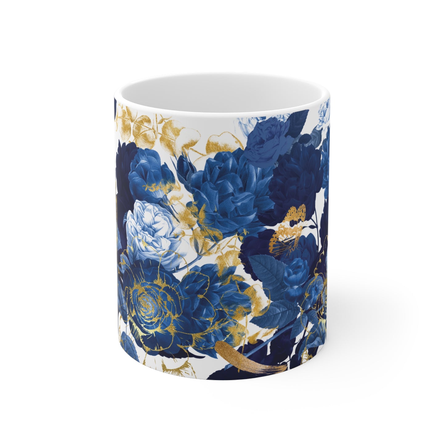 Blau-goldene Keramiktasse mit Blumenmuster und Schmetterlingen