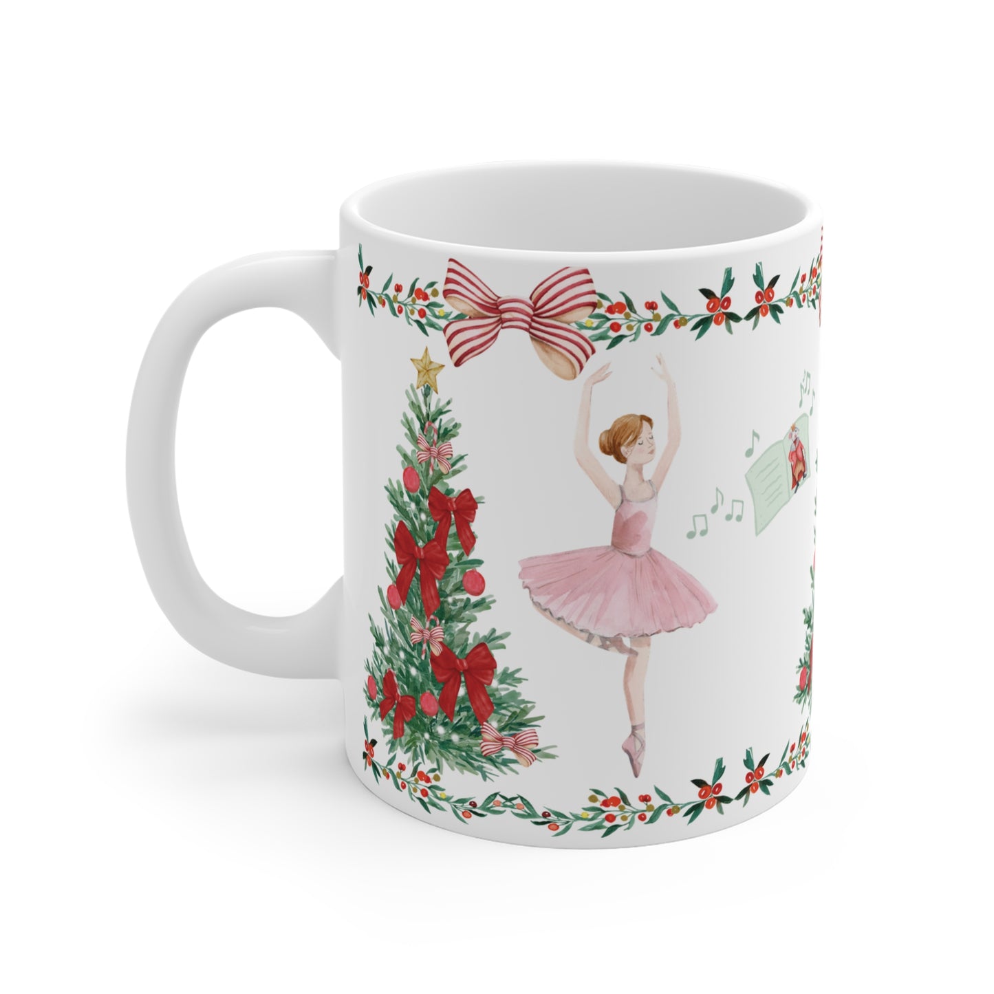 Holiday coffee mug with pink tutu ballet dancer and Christmas nutcracker
