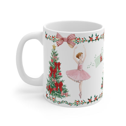 Holiday coffee mug with pink tutu ballet dancer and Christmas nutcracker