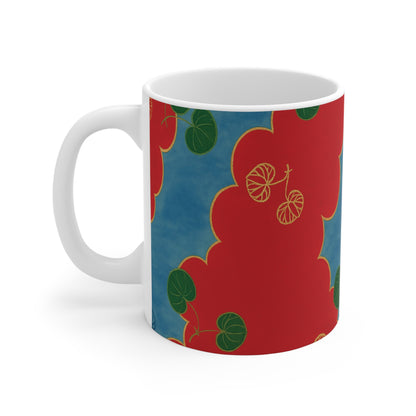 Botanical Ceramic Coffee Mug with Red Clouds