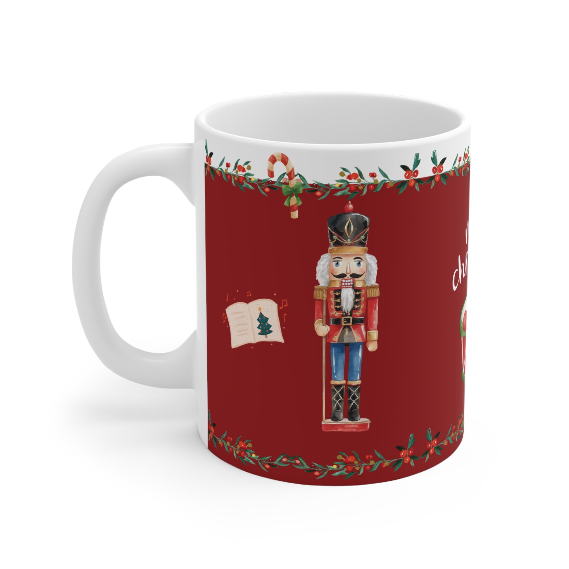 Christmas-themed ceramic coffee cup with festive nutcracker illustration Handle Left