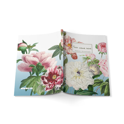 Floral Peony A5 Softcover Notebook  — Personalized 'Your name here' Journal, Vintage Botanical Design