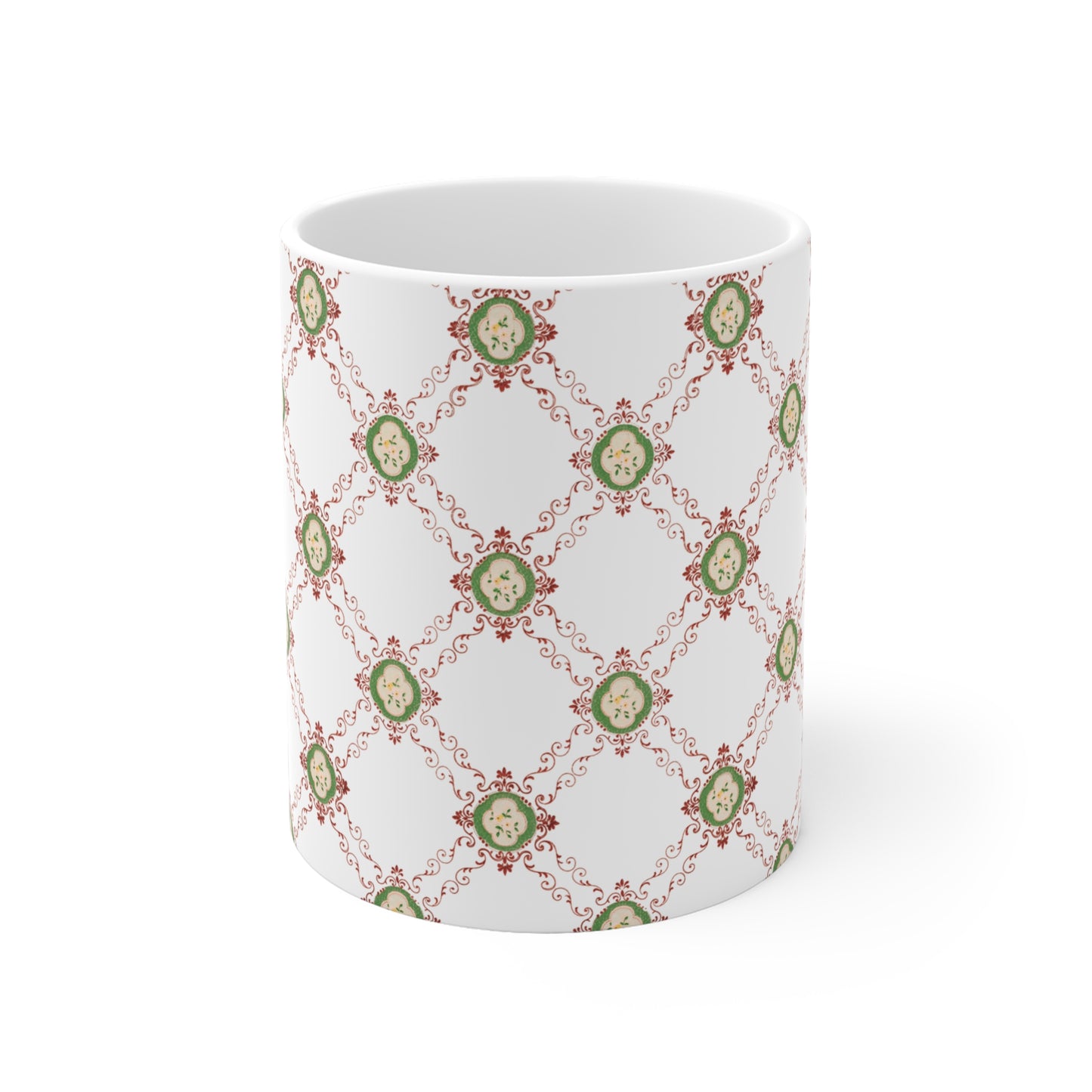 Kaffeetasse aus Keramik mit viktorianischem Blumenmuster in Rosa und Grün (Weiß).