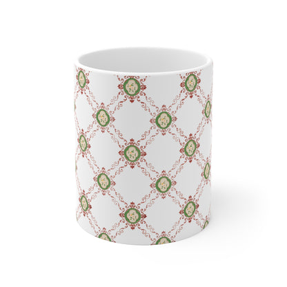 Kaffeetasse aus Keramik mit viktorianischem Blumenmuster in Rosa und Grün (Weiß).