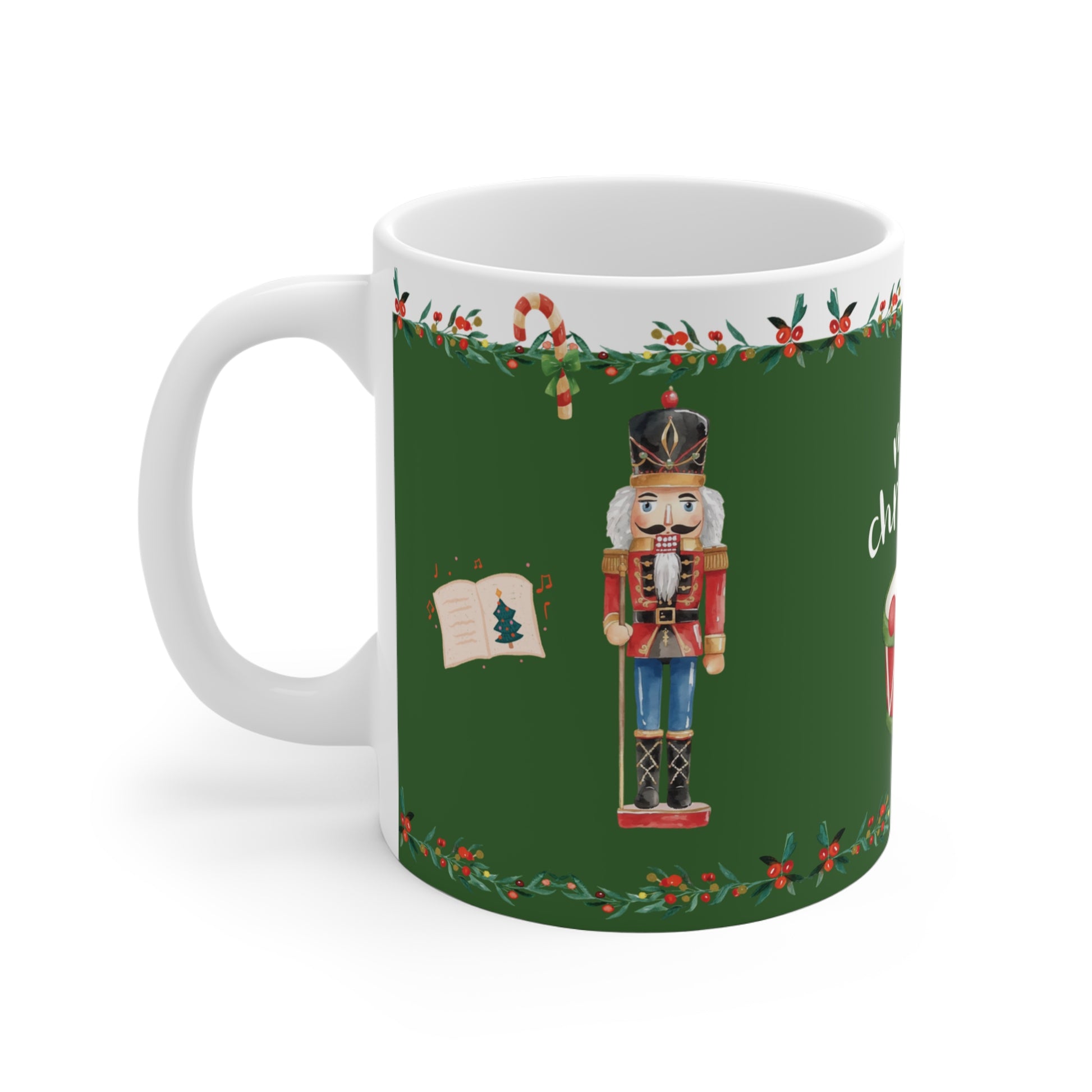 Christmas-themed ceramic coffee cup with festive nutcracker illustration