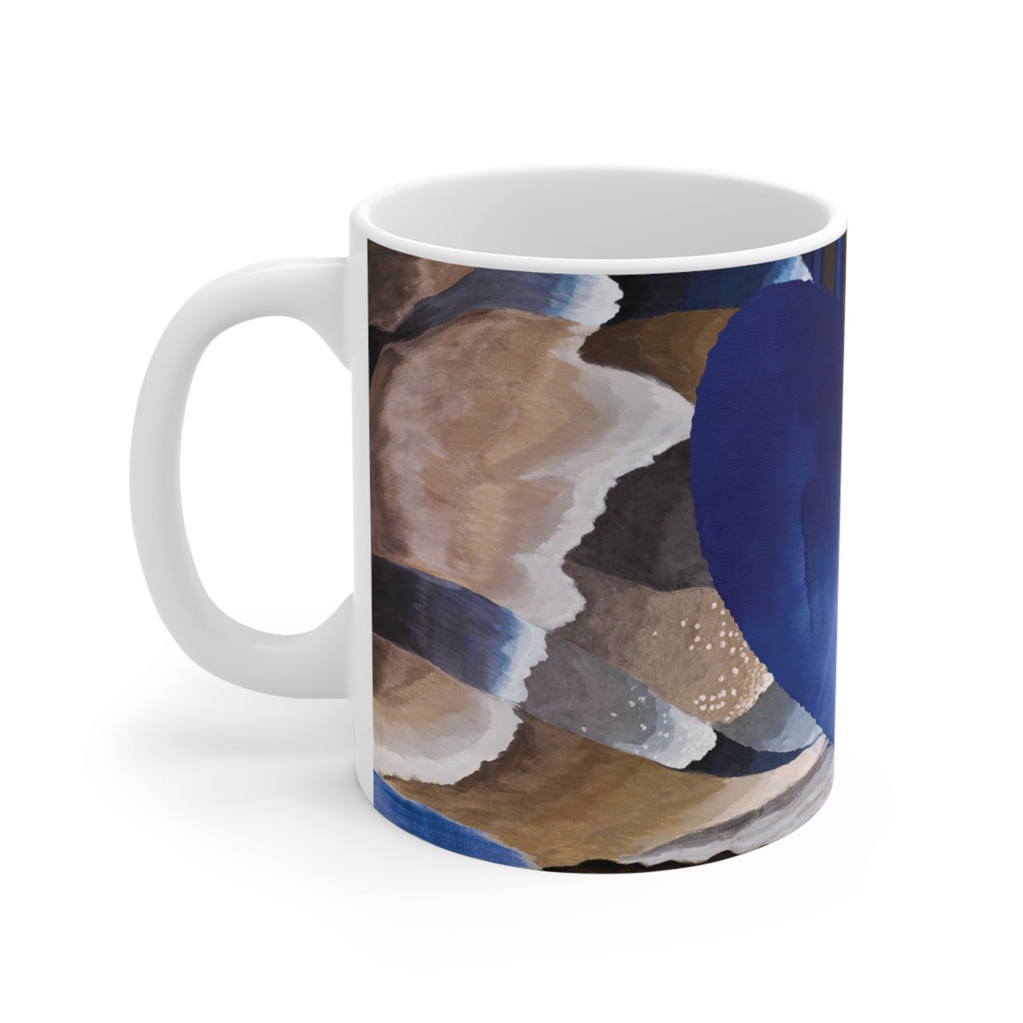 Mug with abstract design in blue, brown and beige