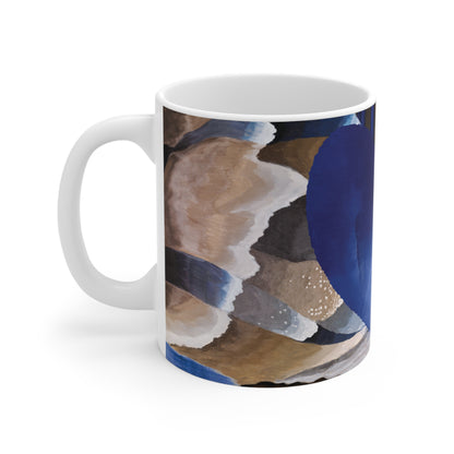 Mug with abstract design in blue, brown and beige