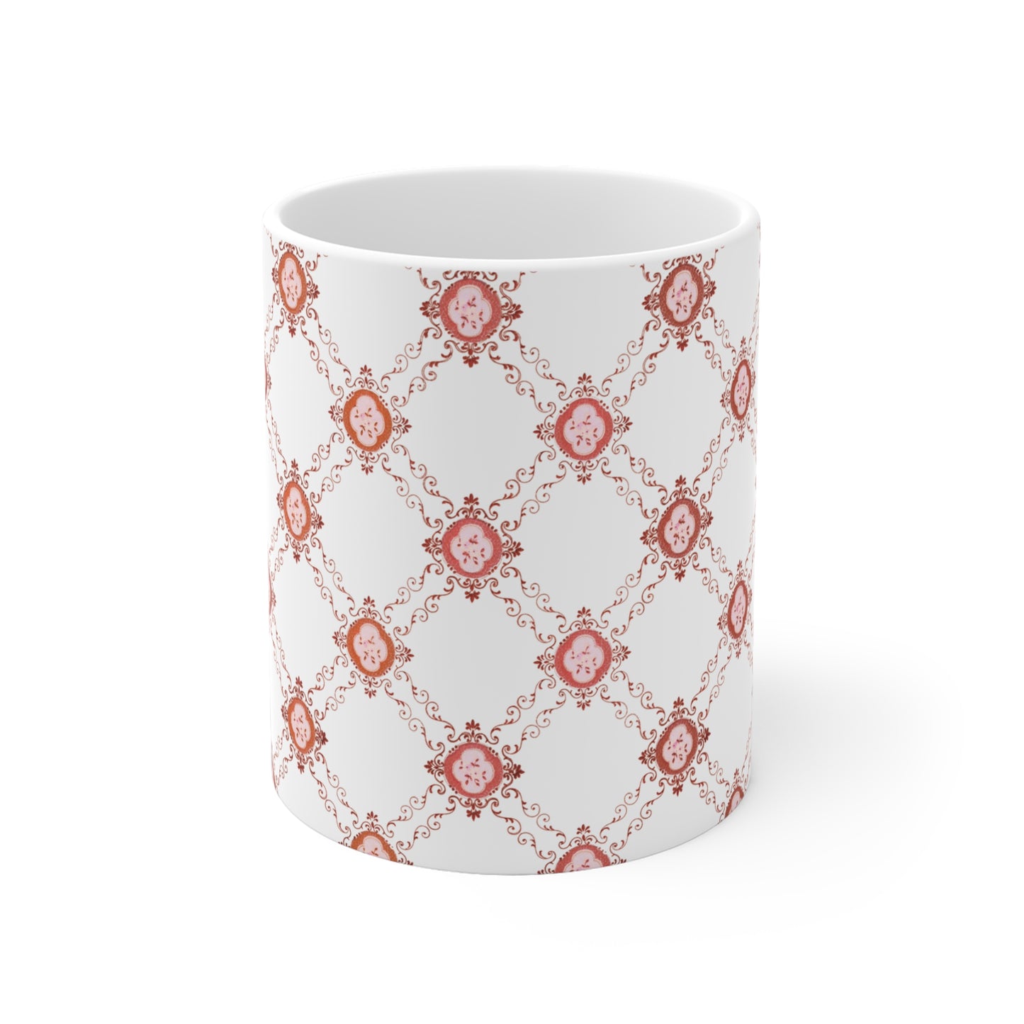 Kaffeetasse aus rosa (weißer) Keramik mit viktorianischem Blumenmuster