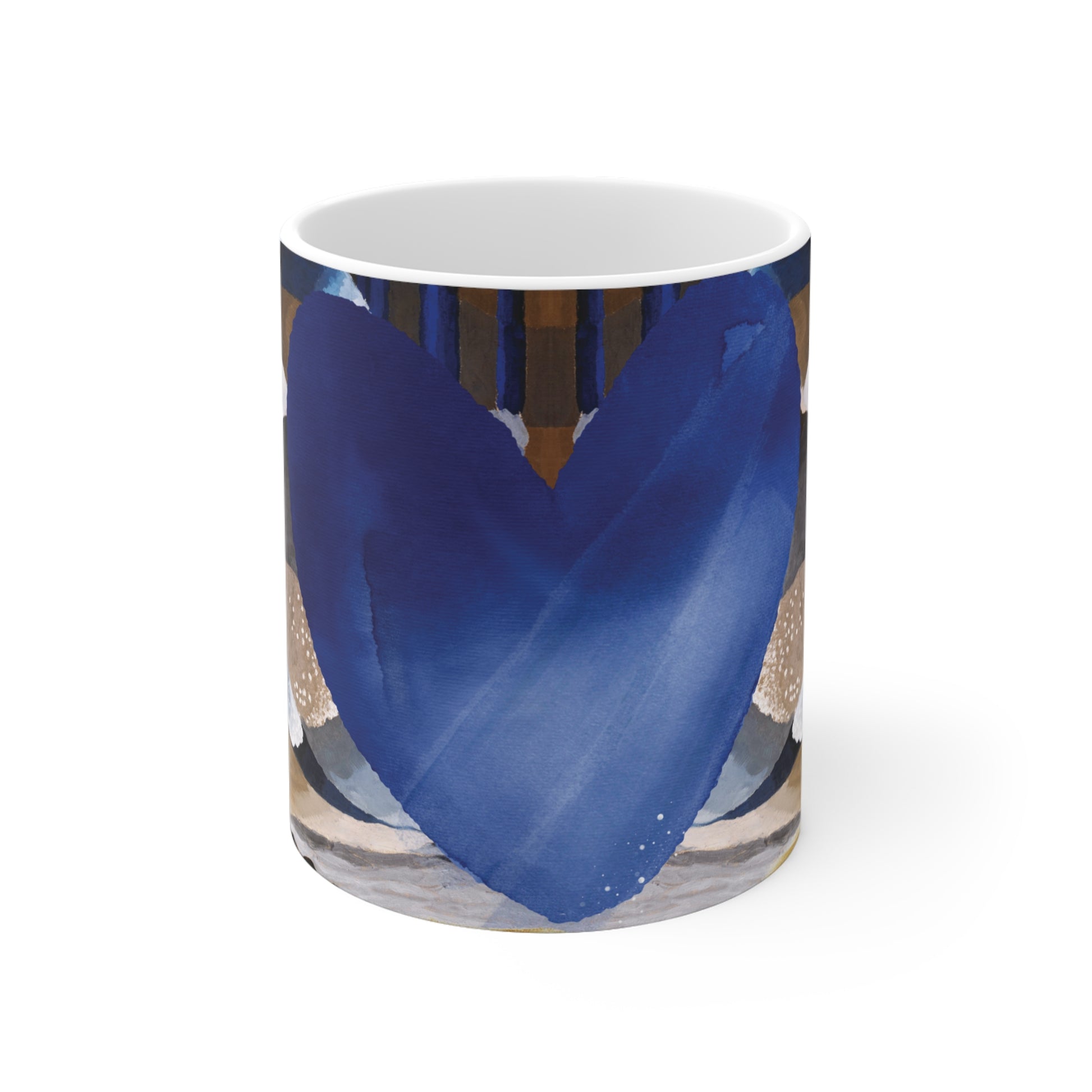 Coffee mug with blue heart and abstract design perfect for Valentine's Day