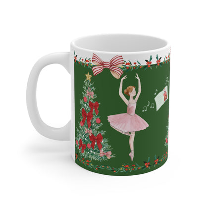 Holiday coffee mug with pink tutu ballet dancer and Christmas nutcracker