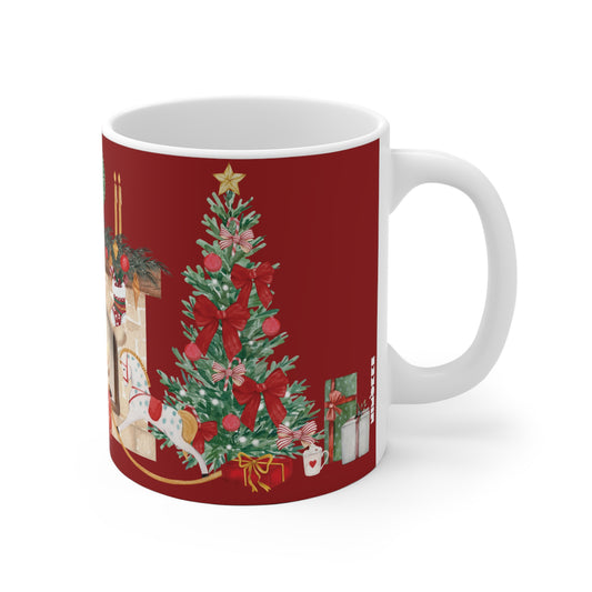 11oz Mug with Christmas tree and gift design on a red background