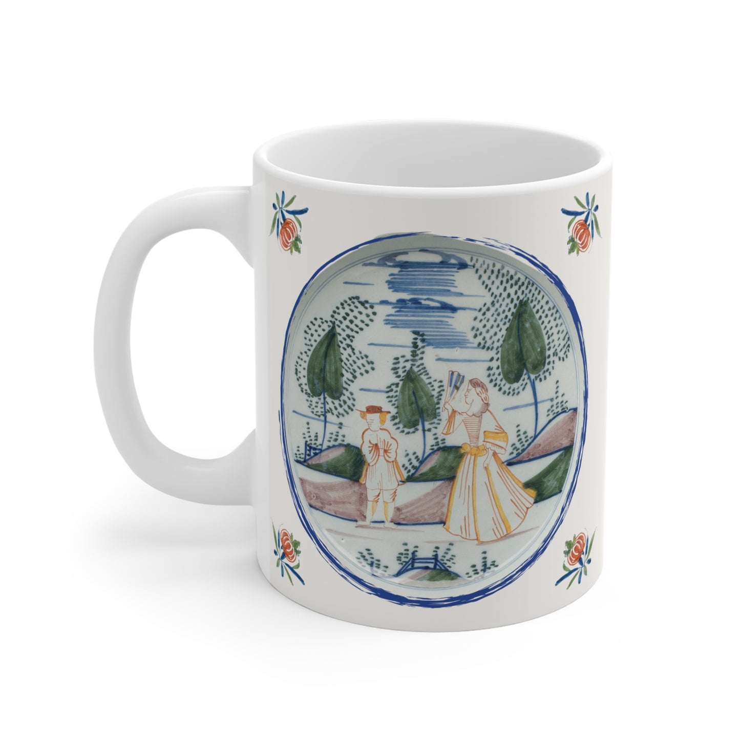 Tea mug with decorative design of a couple in a garden inspired by Delft Blue