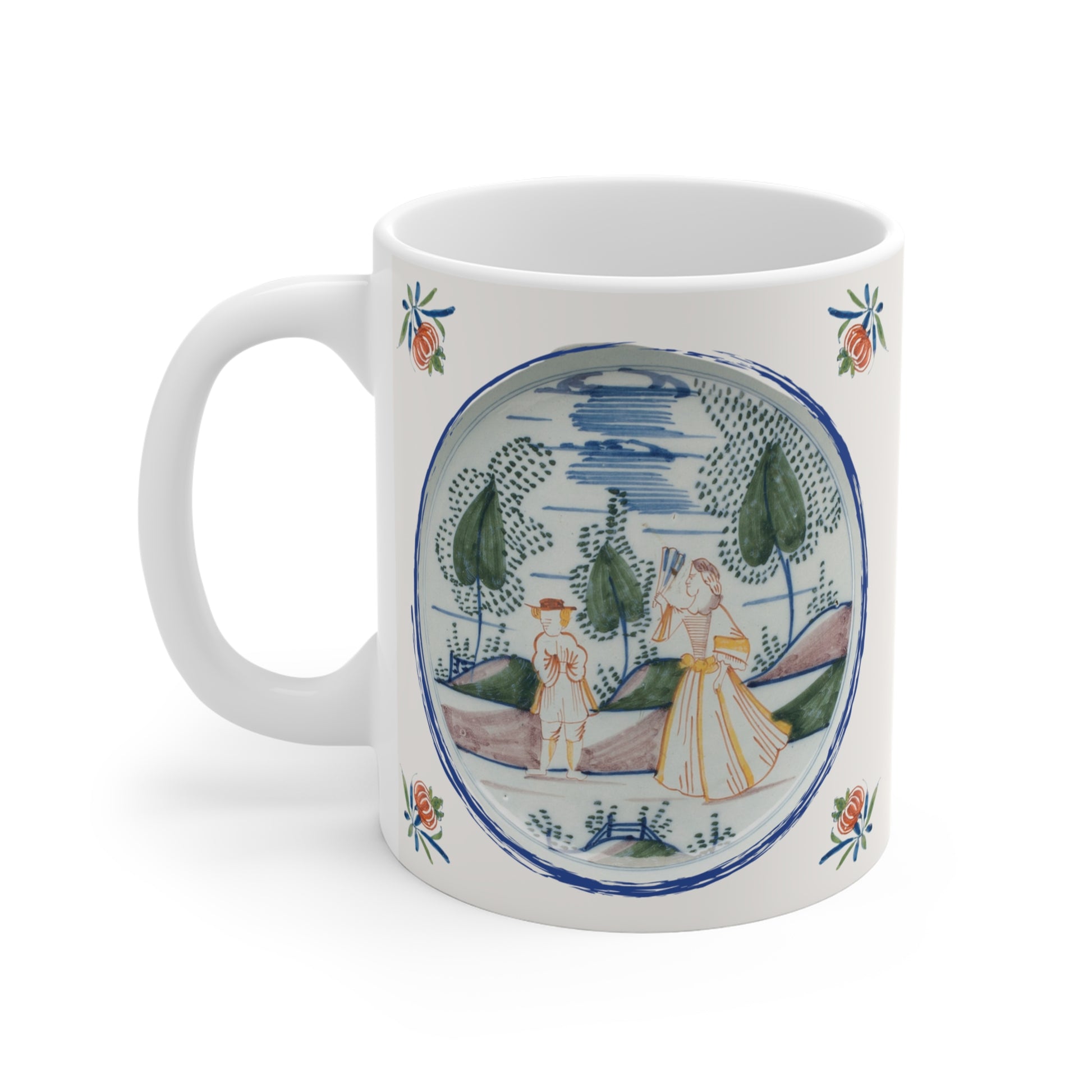 Tea mug with decorative design of a couple in a garden inspired by Delft Blue
