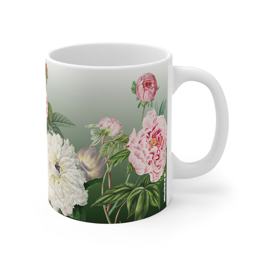 Vintage Peony Floral Green Ceramic Coffee Mug