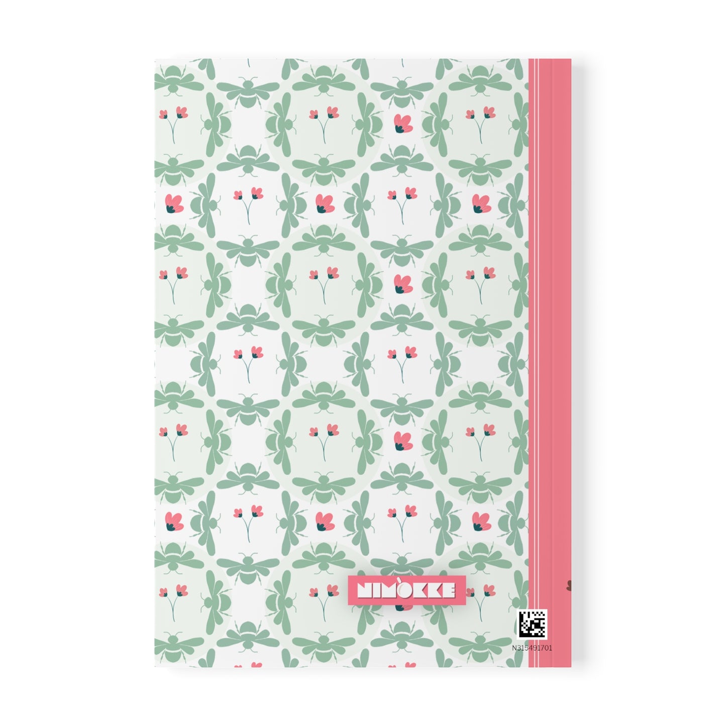 Softcover Notebook A5 Green Bees & Little Pink Flowers — PERSONALIZED Decorative Journal