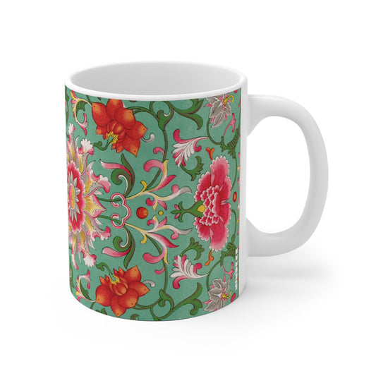 Bunte Kaffeetasse aus Keramik mit Blumenmuster im Vintage-Stil