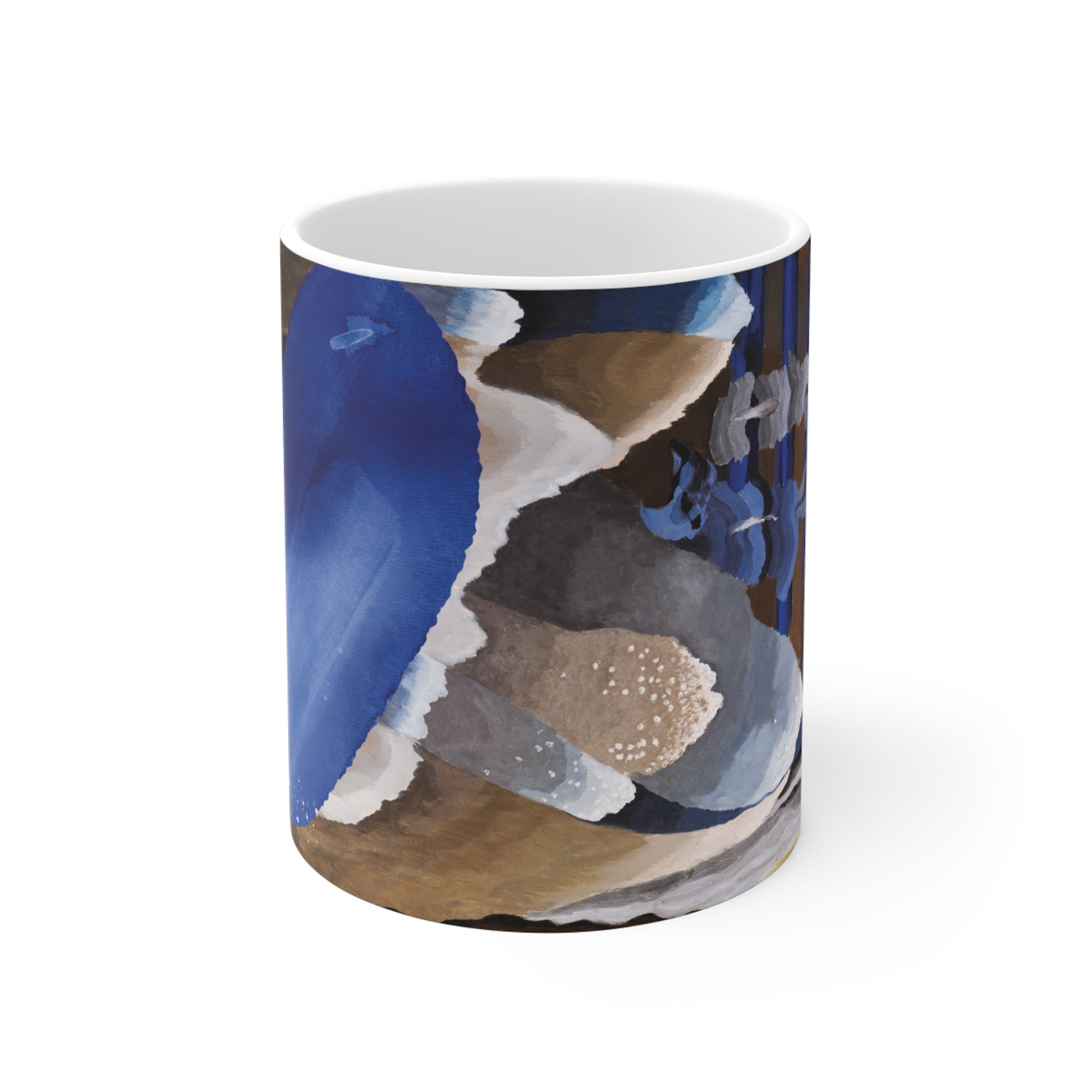 Mug with abstract design of a heart in blue, brown and grey