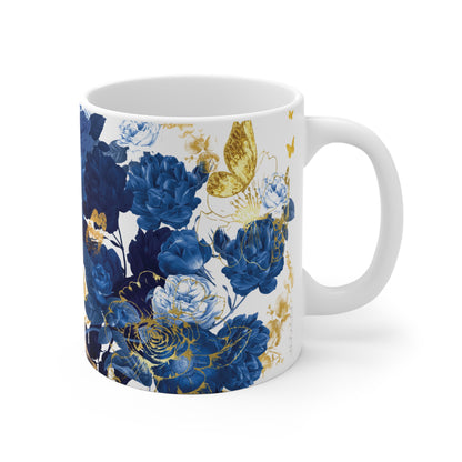 Blau-goldene Keramiktasse mit Blumenmuster und Schmetterlingen