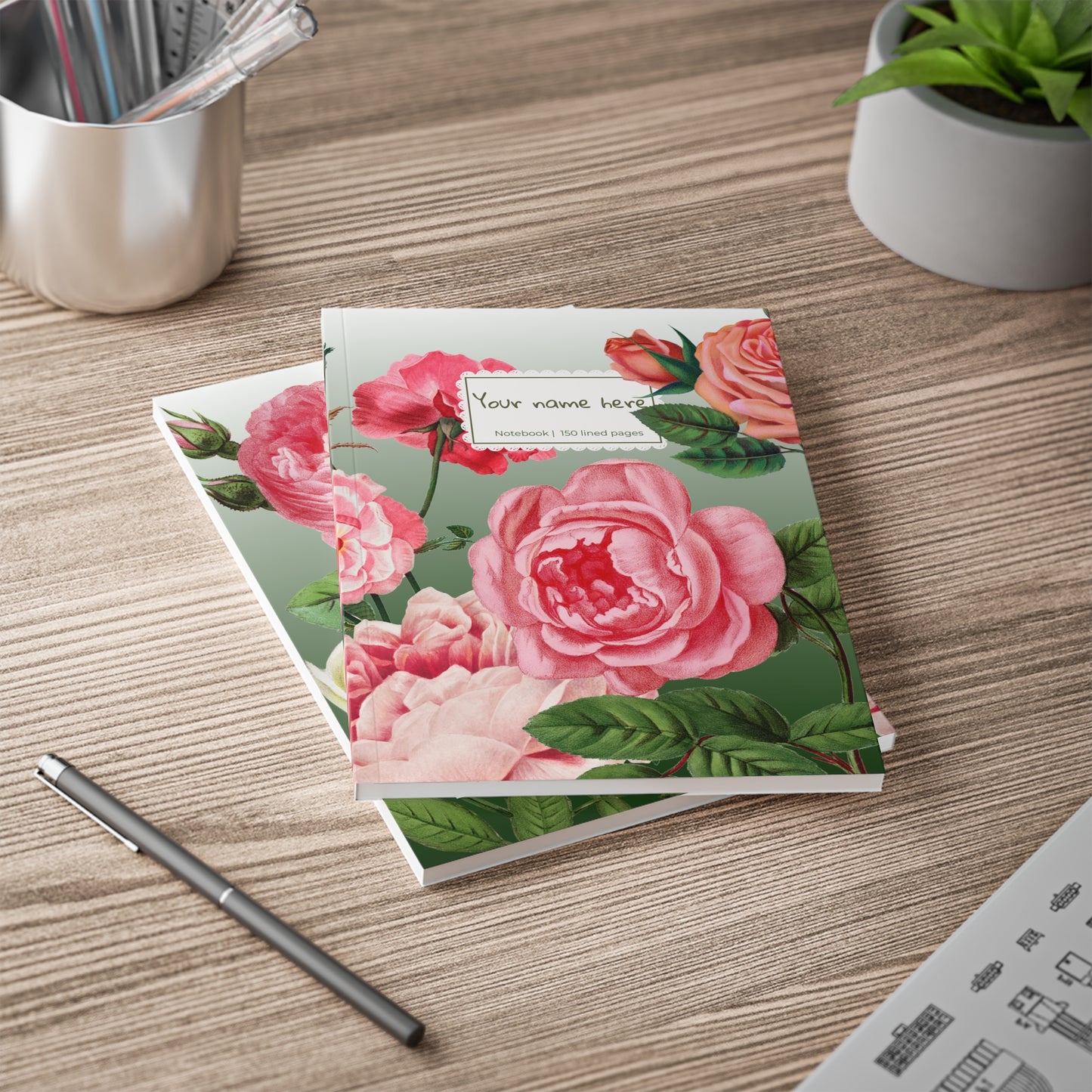 Vintage Rose Garden Notebook A5 Green – Personalized Softcover Journal