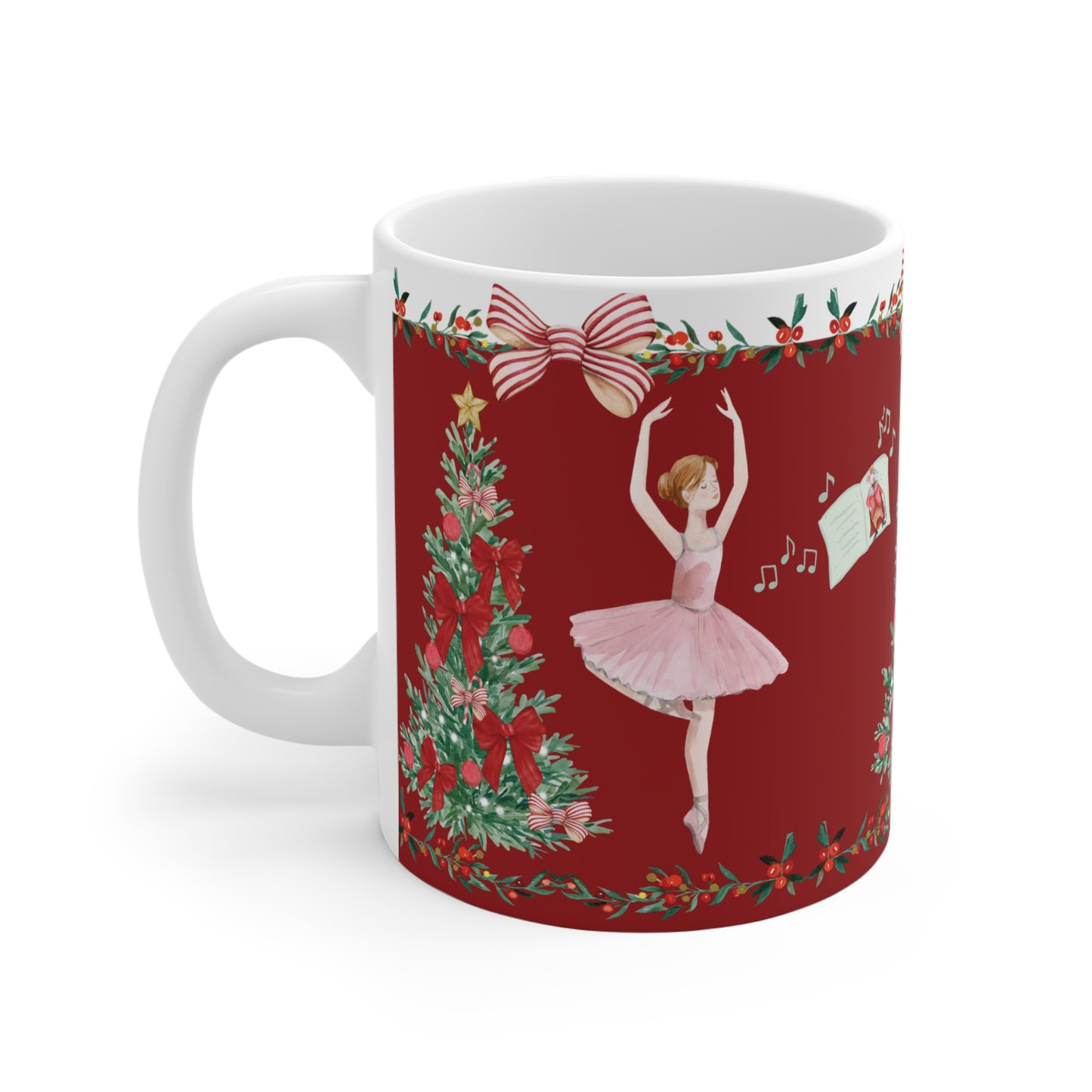 Holiday coffee mug with pink tutu ballet dancer and Christmas nutcracker design
