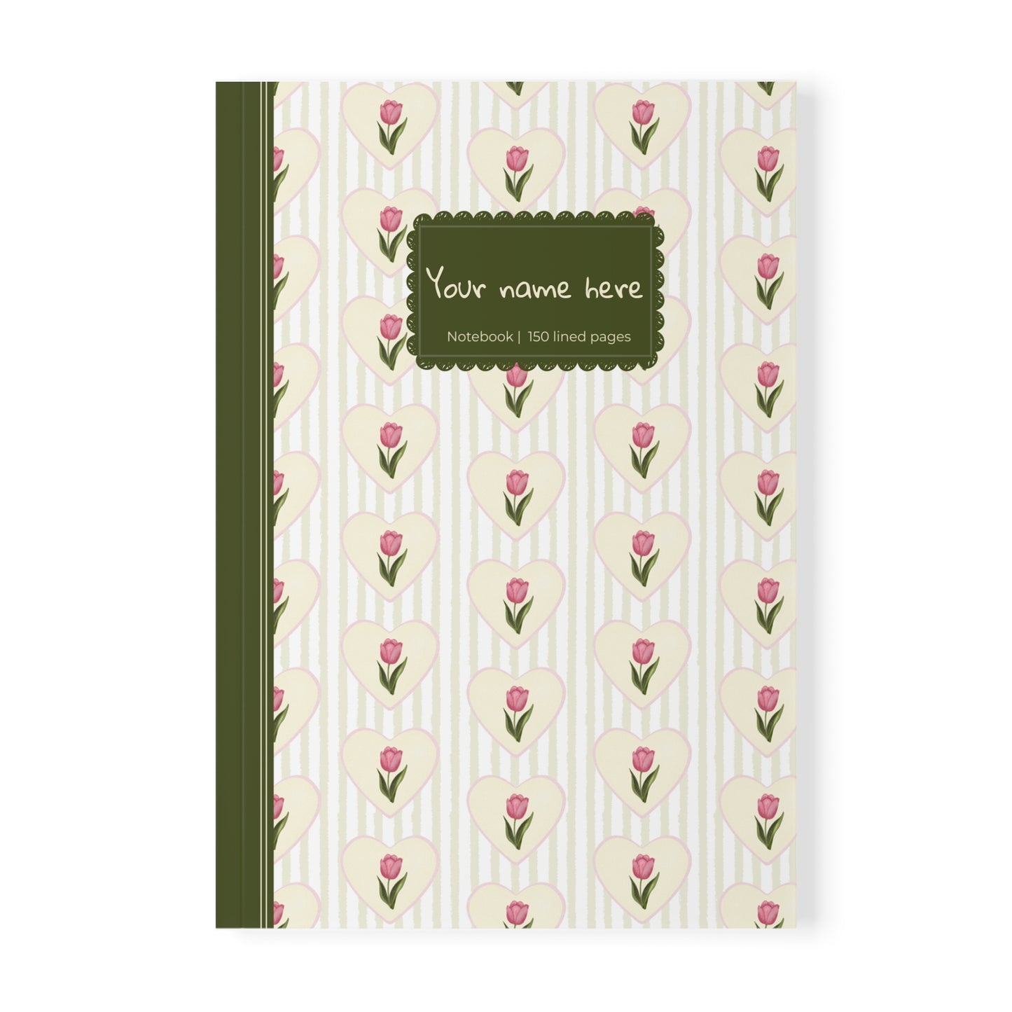 Tulip Heart Floral Notebook A5 Green – Personalized Softcover Journal