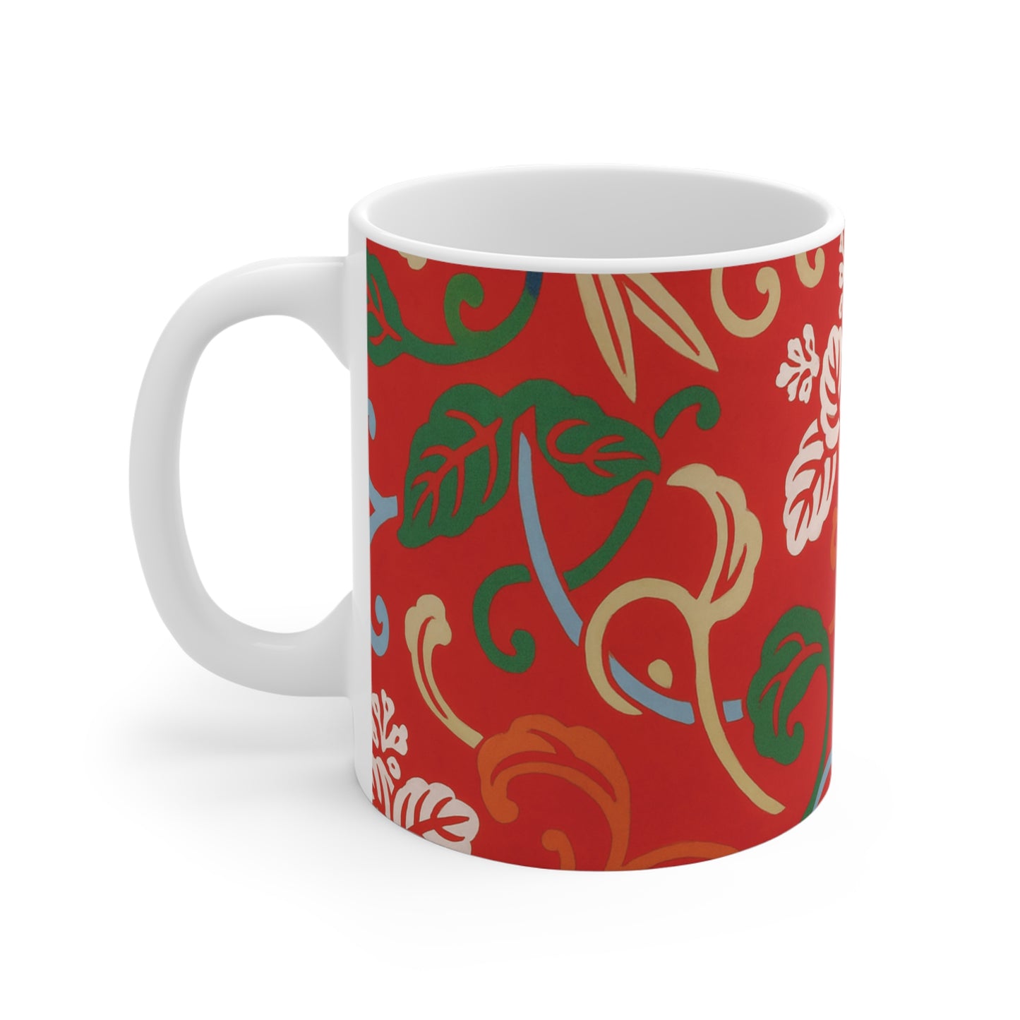 Rote Kaffeetasse aus Keramik mit traditionellem japanischen Muster