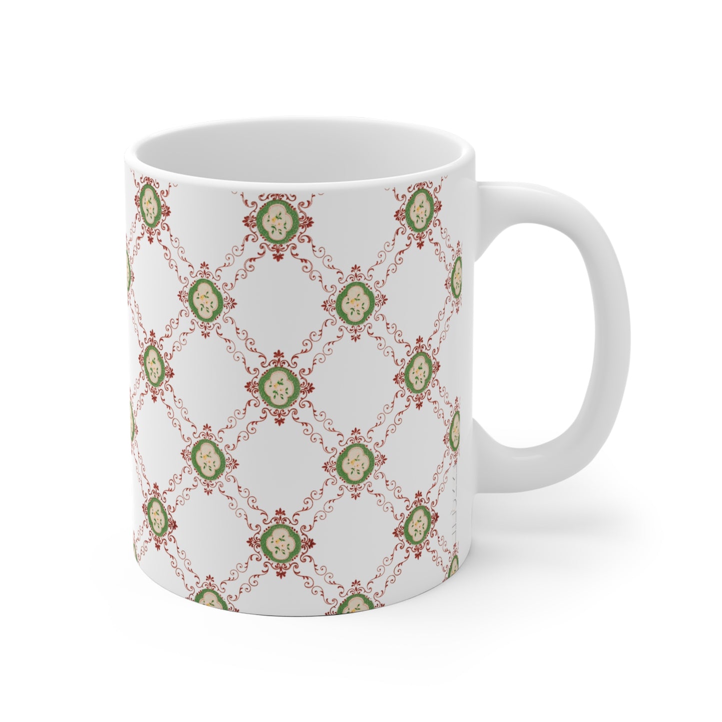 Kaffeetasse aus Keramik mit viktorianischem Blumenmuster in Rosa und Grün (Weiß).