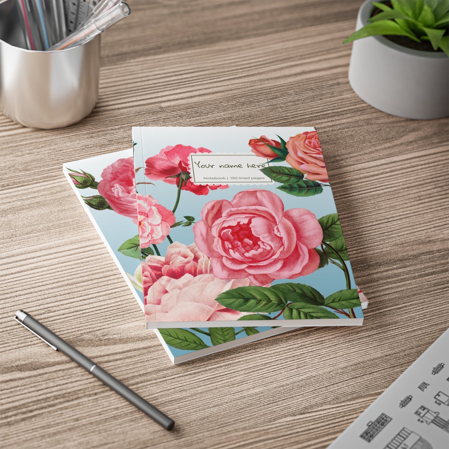Vintage Rose Garden Notebook A5 Blue – Personalized Softcover Journal
